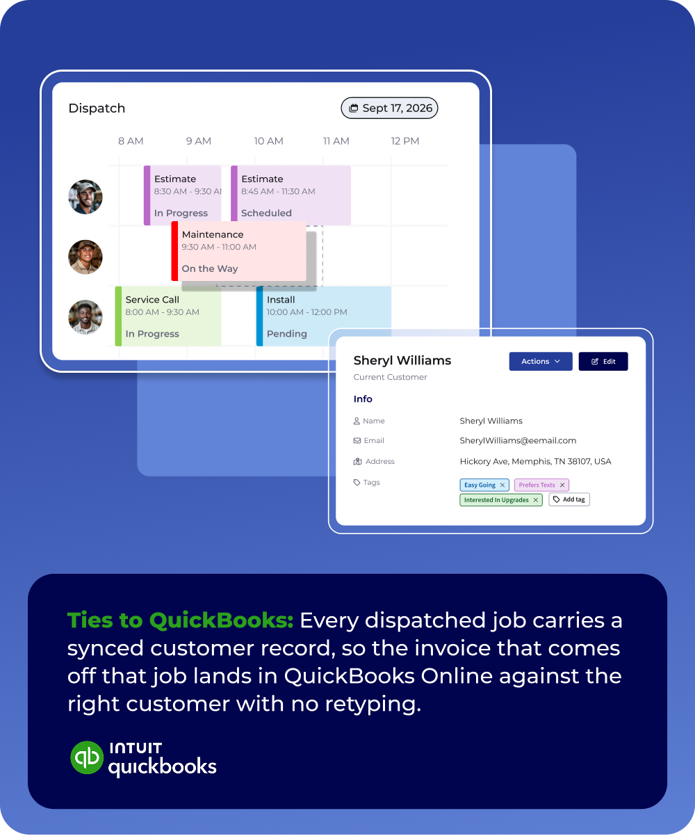 FieldPulse dispatch board with QuickBooks customer sync