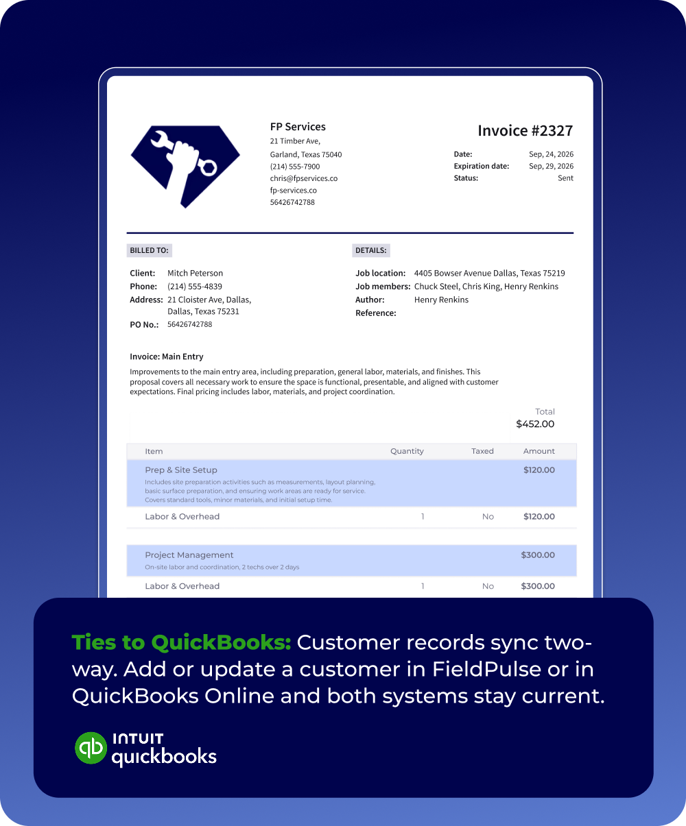 FieldPulse estimate with signature and two-way QuickBooks customer sync