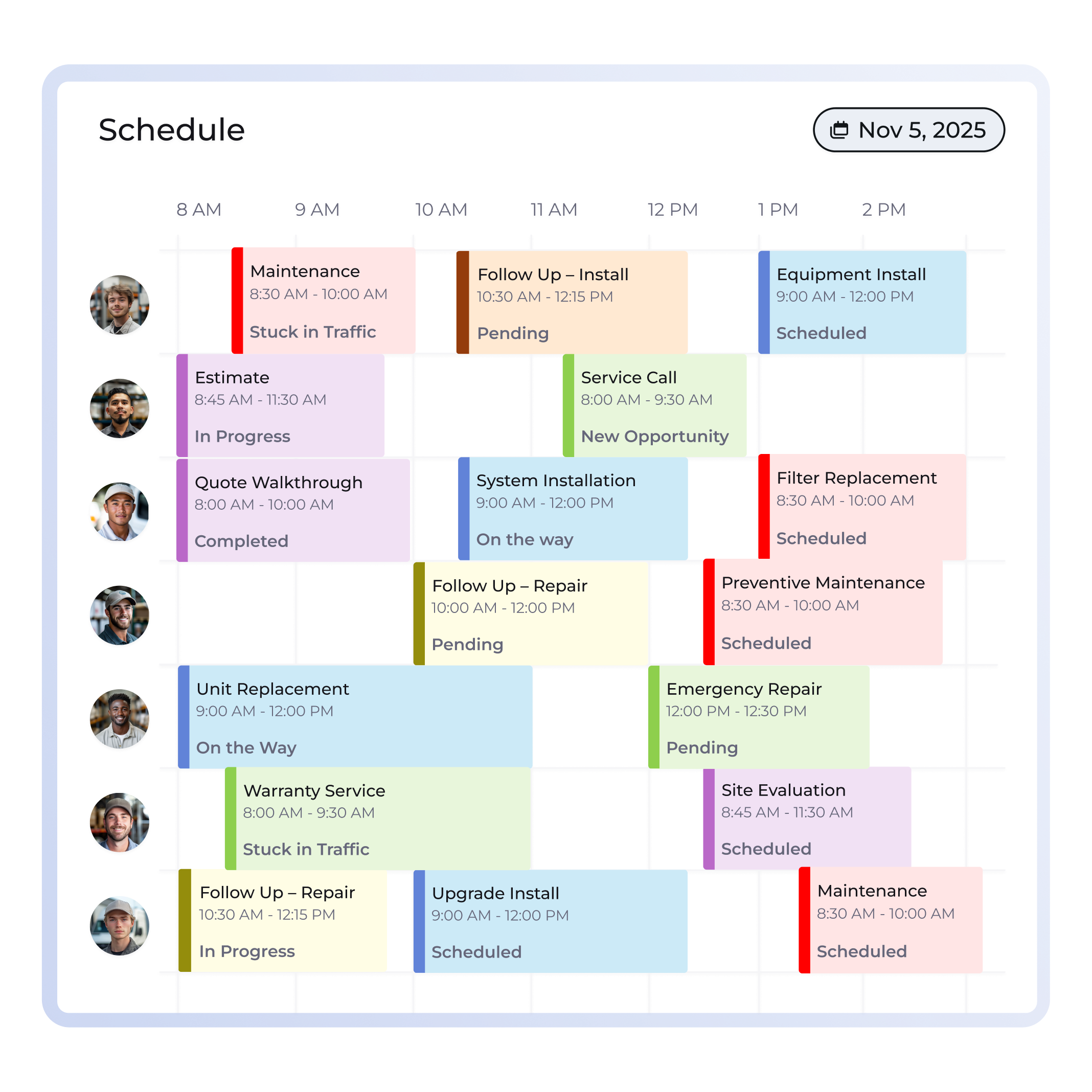 FieldPulse scheduling view with 16 jobs assigned to techs